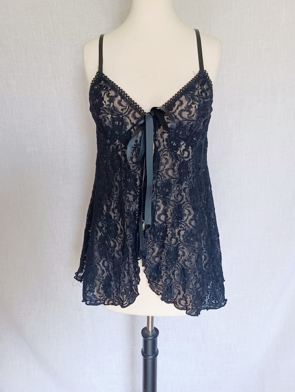 delicates Black Lace Satin-Trim Chemise with Bow